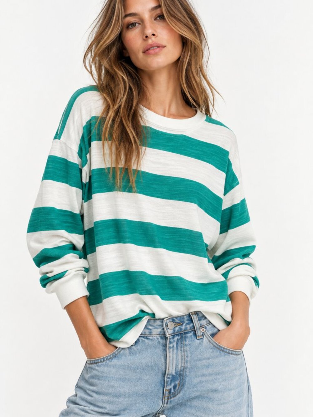 J.Crew Womens Vintage Fleece Stripe Sweatshirt Small Green White Oversized Coast